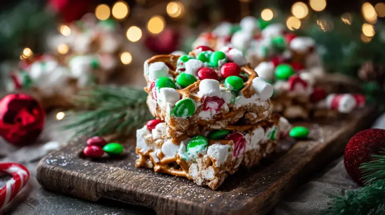 Close-up of no-bake Marshmallow Pretzel Treats with M&Ms, festive Christmas dessert bars