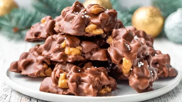 Assorted easy no-bake Christmas desserts—peanut butter clusters, peppermint bark, truffles—on a festive table