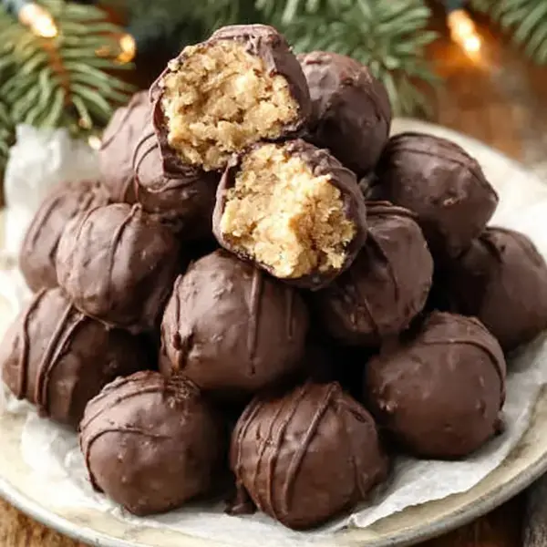 Collage of easy no-bake Christmas desserts: peanut butter balls, peppermint bark, Oreo truffles, cheesecake bites, fudge