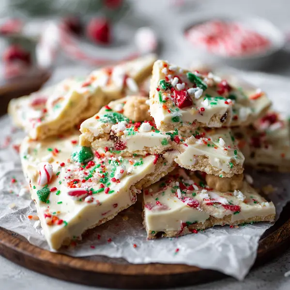 Sugar Cookie Dough Bark featured in the best 25 easy no-bake Christmas desserts.