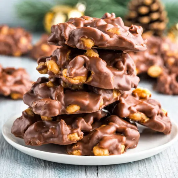 Close-up stack of chocolate peanut butter clusters with salted peanuts on a white plate
