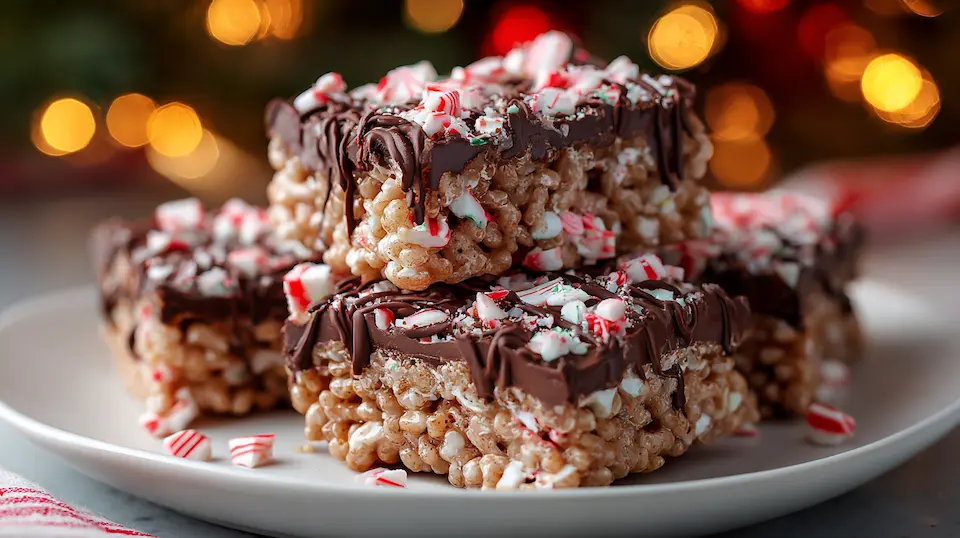 Close-up of chocolate peppermint rice crispy bars topped with melted chocolate and crushed candy canes, festive no-bake holiday dessert.