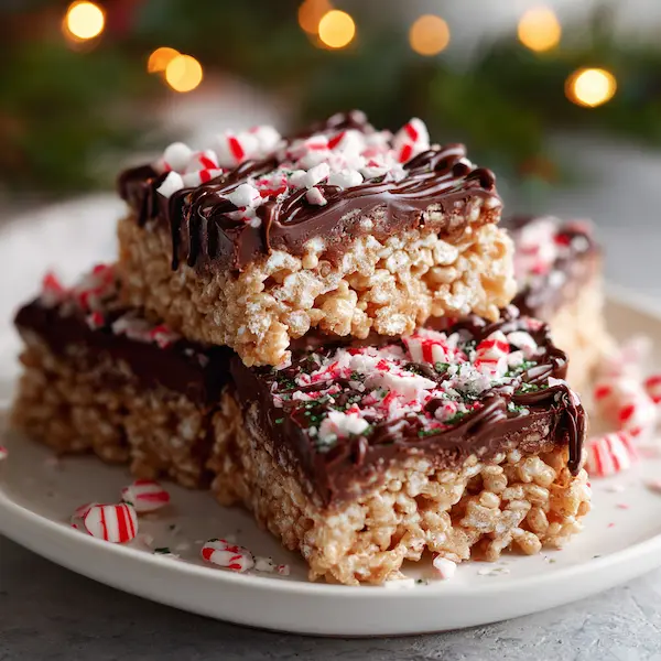 Close-up of chocolate peppermint rice crispy bars topped with melted chocolate and crushed candy canes, an easy no-bake Christmas dessert.
