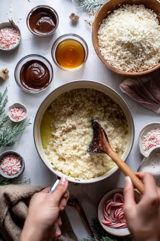 Preparation of chocolate peppermint rice crispy bars with melted marshmallows, Rice Krispies, and peppermint extract being mixed.