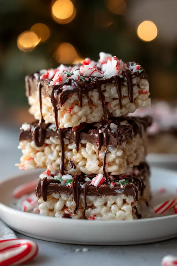 Chocolate peppermint rice crispy bars served on a white cake stand, topped with crushed candy canes, ready for a festive holiday table.