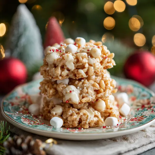 No Bake Avalanche Cookies on a Christmas dessert tray with marshmallows and sprinkles
