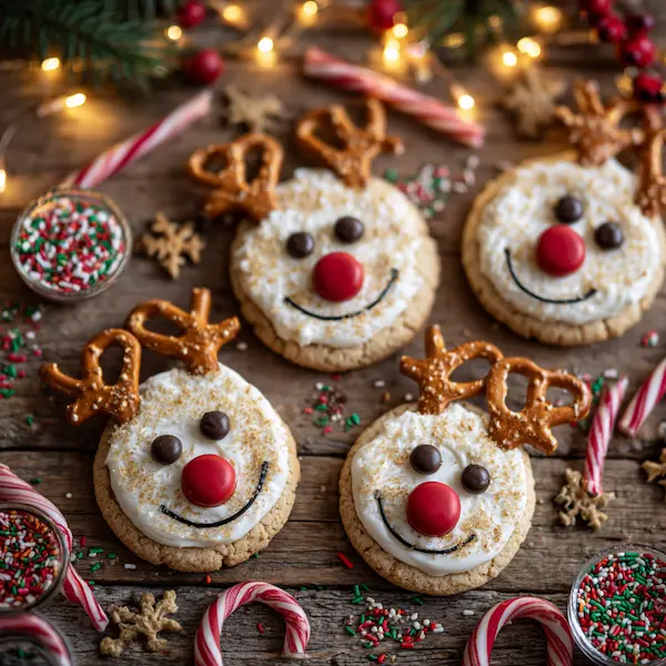 Assorted no-bake Christmas desserts including festive reindeer cookies and holiday treats