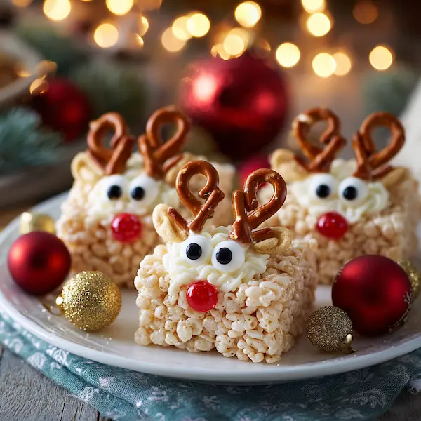 Festive holiday Rice Krispie treats shaped like reindeer for Christmas dessert spread
