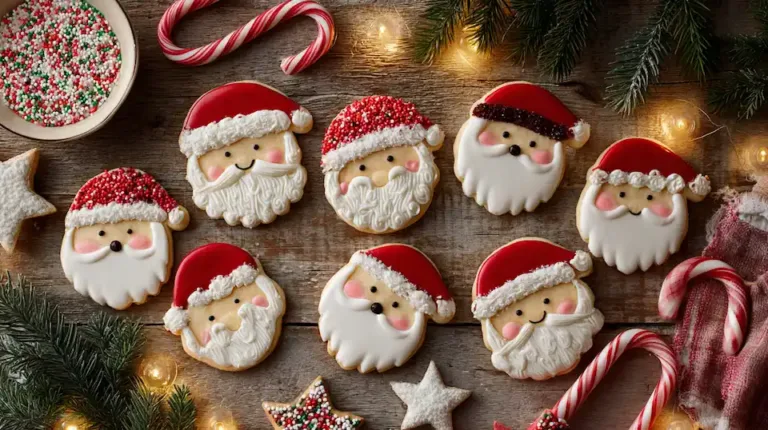 Festive Christmas Santa cookies decorated with icing, sprinkles, and M&Ms on a holiday table.