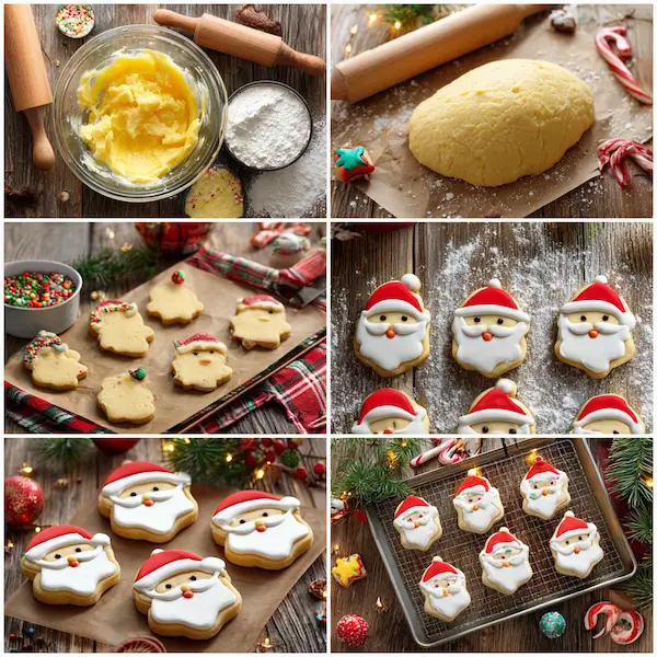 Step-by-step preparation of Christmas Santa sugar cookies with cut-out shapes on parchment paper.