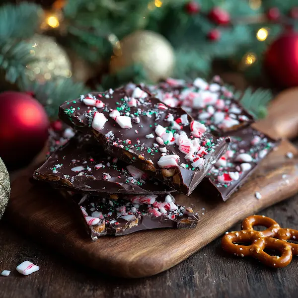 Holiday chocolate bark with pretzels and crushed candy canes styled for Christmas