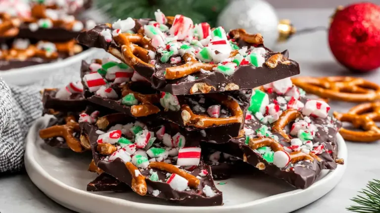 Festive dark chocolate peppermint pretzel bark topped with crushed candy canes and pretzels on a plate