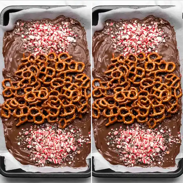 tep-by-step preparation of dark chocolate peppermint pretzel bark on parchment paper with candy canes and pretzels