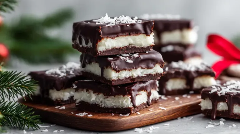 Homemade Mounds Bars with dark chocolate coating and creamy coconut filling stacked on a tray
