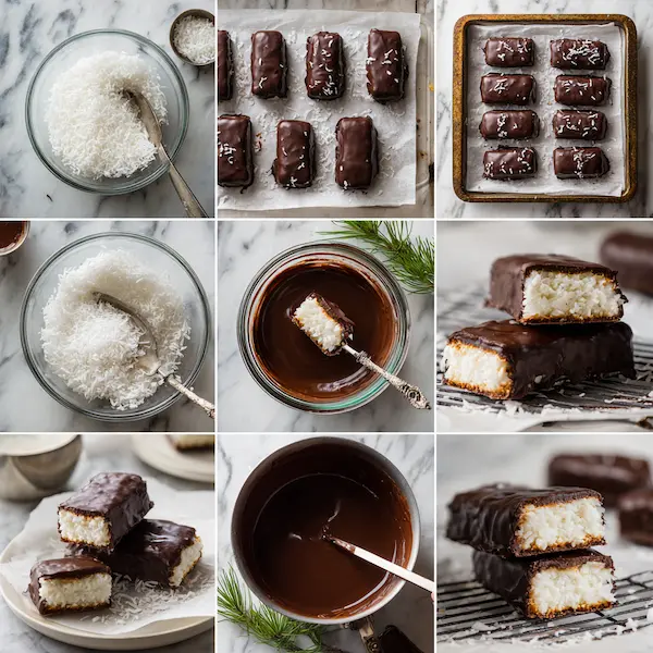 Glass bowl with shredded coconut, coconut cream and syrup mixed into a sticky filling for Mounds bars