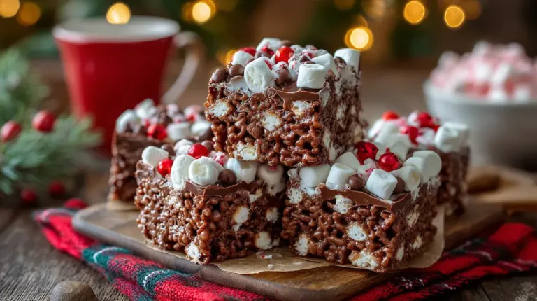 Close-up of gooey Hot Chocolate Rice Krispie Treats with mini marshmallows and chocolate chips, cozy holiday dessert.