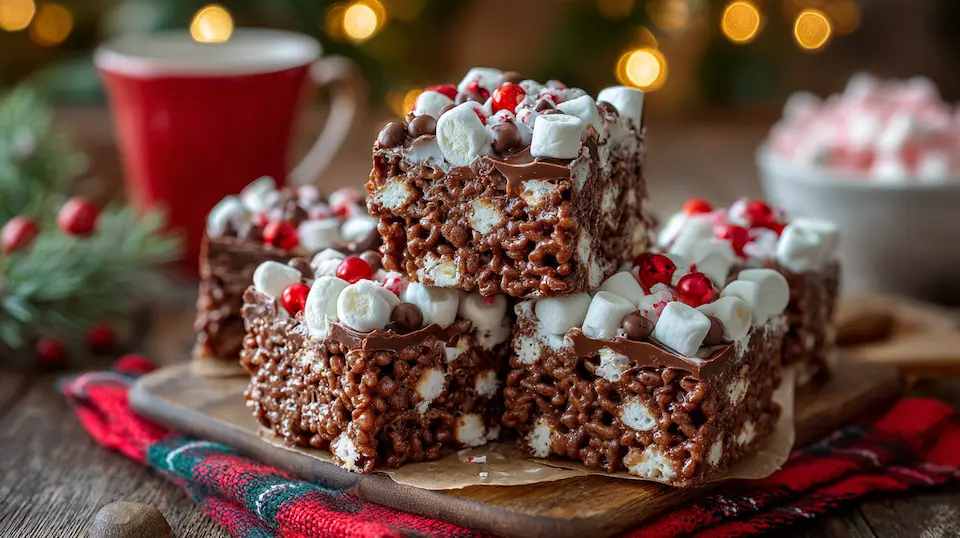 Close-up of gooey Hot Chocolate Rice Krispie Treats with mini marshmallows and chocolate chips, cozy holiday dessert.