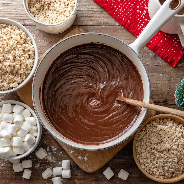 Overhead shot of melted marshmallows and cocoa mix being prepared for Hot Chocolate Rice Krispie Treats, no hands visible.