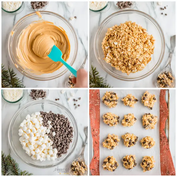 Step by step process of making No Bake Avalanche Cookies with white chocolate and peanut butter"