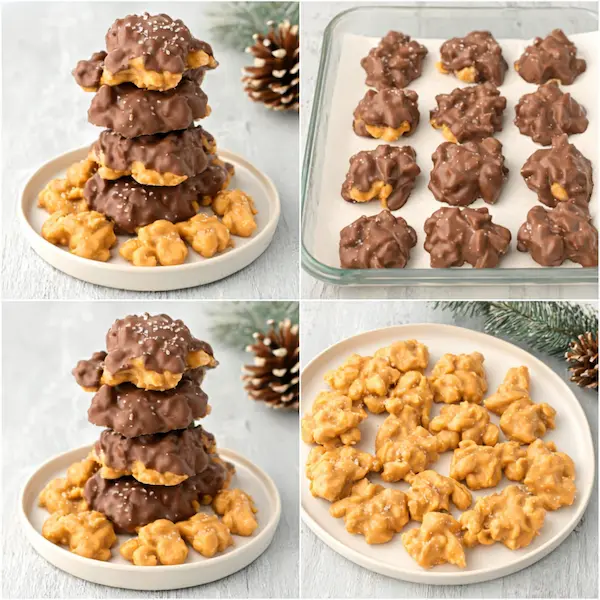 Melted chocolate and peanut butter in a bowl with roasted peanuts ready to stir for no-bake clusters