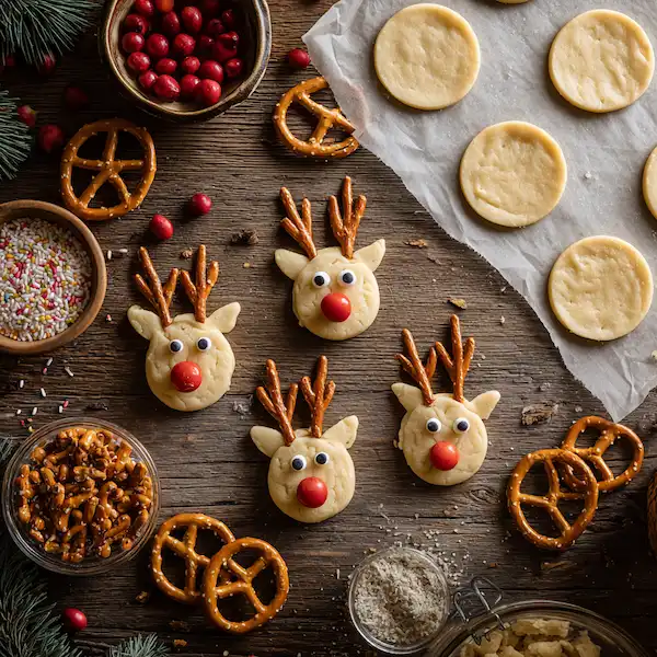 Step-by-step preparation of Rudolph reindeer cookies with candy and pretzels