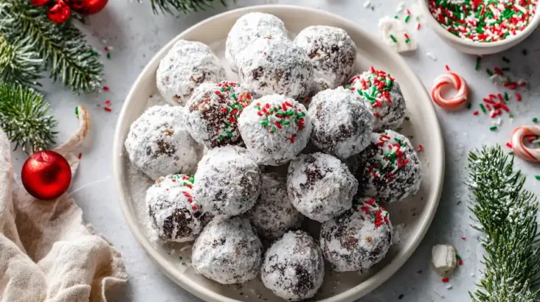 Muddy Buddy Truffles coated in powdered sugar with a bite showing chocolate–peanut butter center.