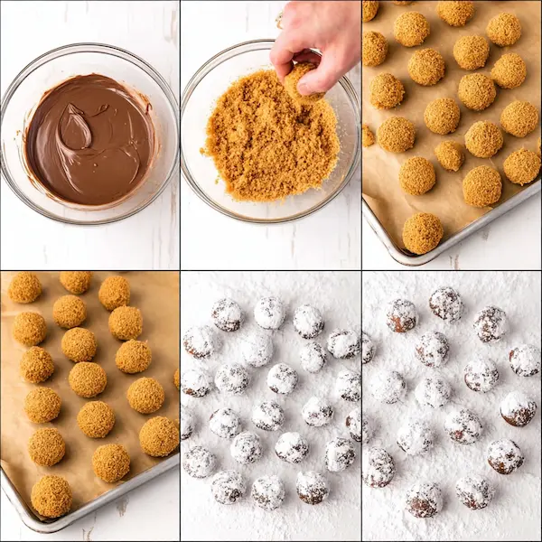 Stirring melted chocolate and peanut butter with crushed cereal, then rolling truffles and coating in powdered sugar.