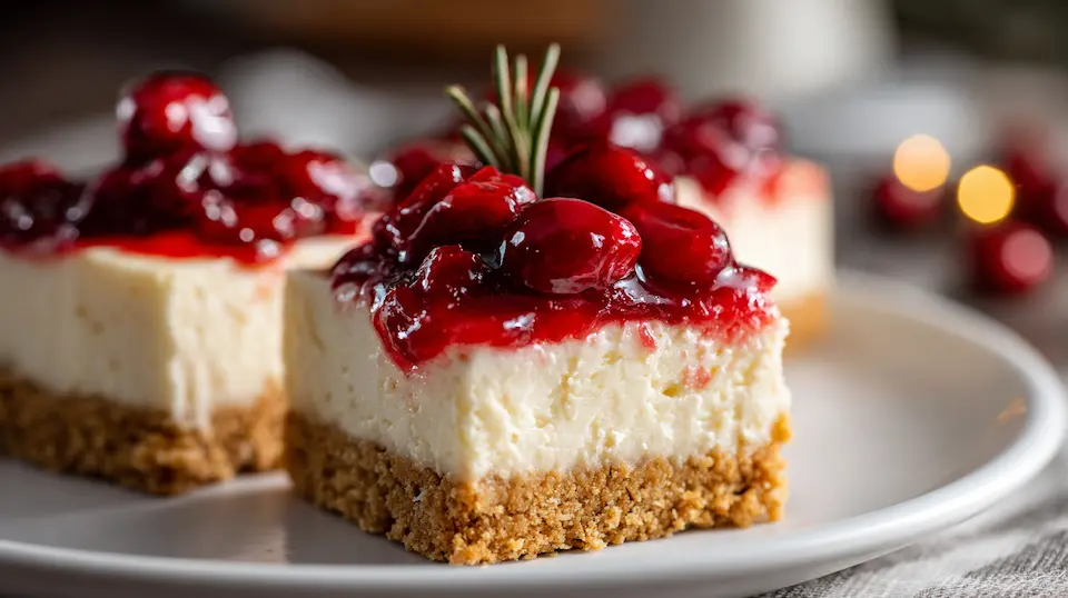 No-Bake Christmas Cheesecake Bars with cherry topping on graham cracker crust