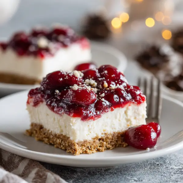 Festive no-bake Christmas cheesecake bars topped with cherry pie filling
