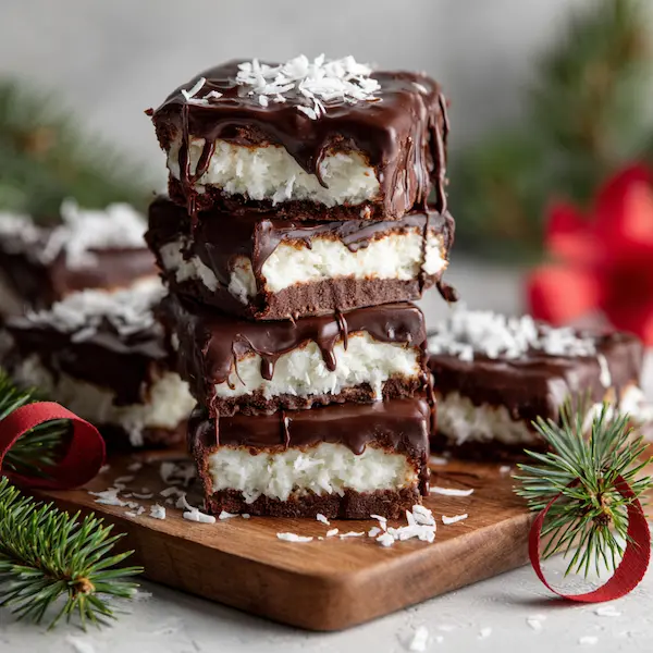 Stack of homemade Mounds bars with one cut open showing creamy coconut filling inside dark chocolate