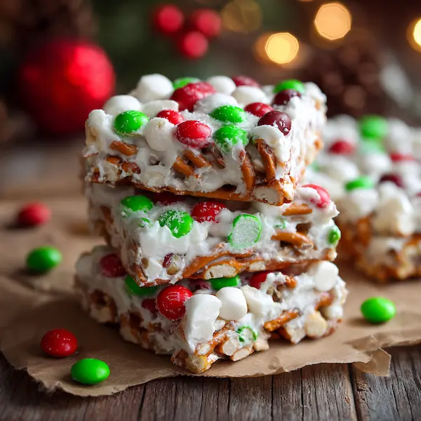 Festive Marshmallow Pretzel Dessert Bars with M&Ms for Christmas