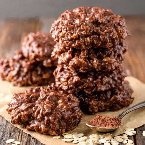 Festive no bake oatmeal cookies with oats, cocoa, and peanut butter, styled for Christmas
