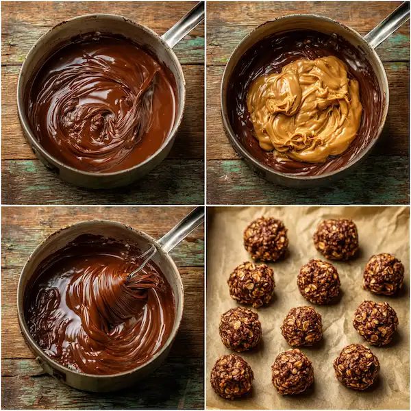 Step-by-step preparation of no bake oatmeal cookies with cocoa and oats in saucepan
