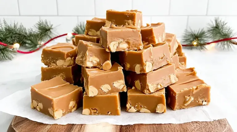 Creamy no bake peanut butter fudge squares stacked on a wooden board with festive Christmas decorations