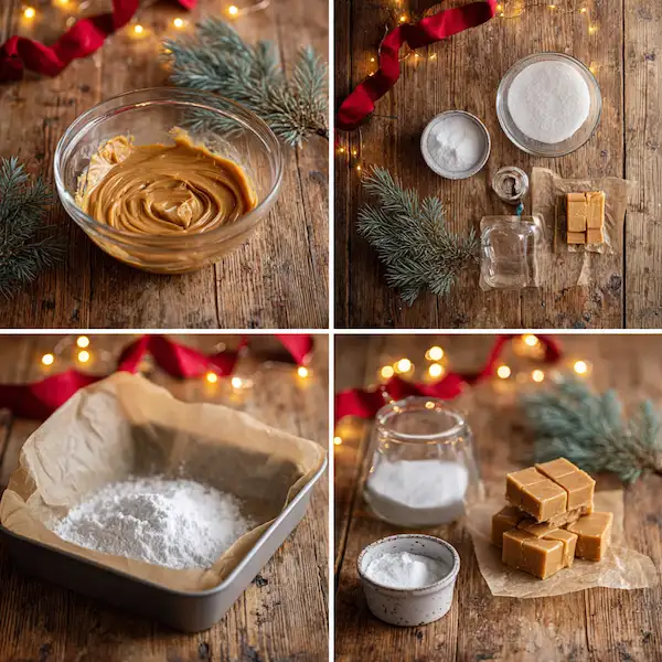 Step-by-step peanut butter fudge preparation with melted peanut butter, butter, powdered sugar, and vanilla extract in bowls, Christmas kitchen background