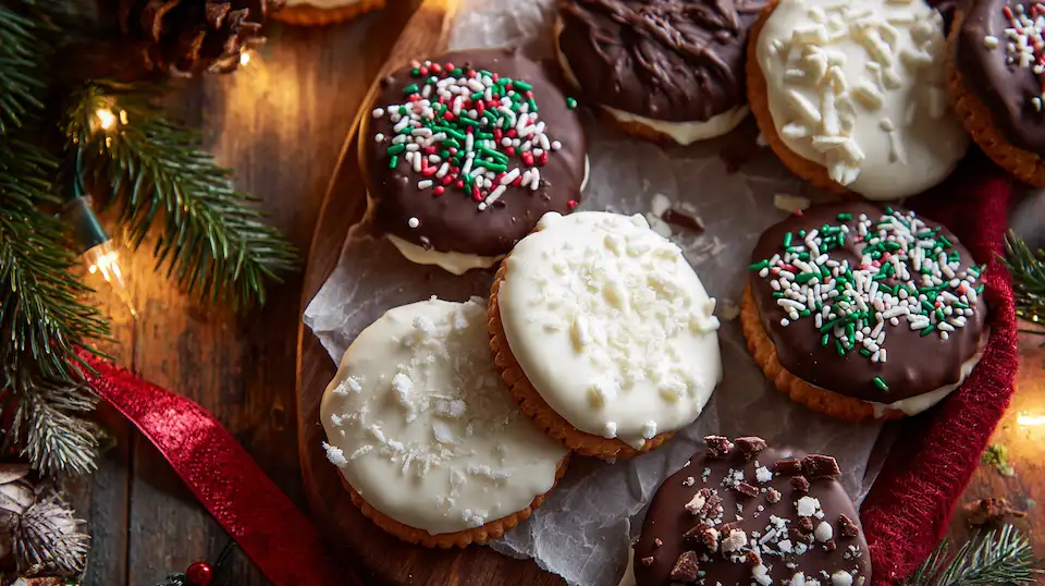 Step-by-step collage showing how to make no-bake Ritz Cracker Cookies with peanut butter and chocolate