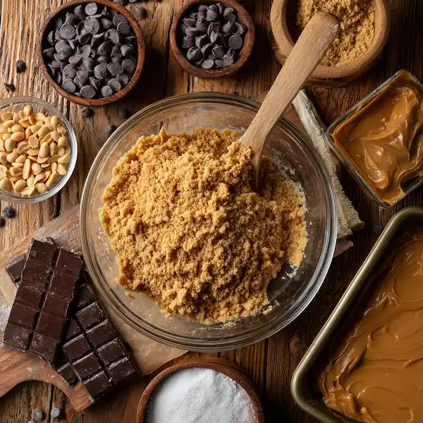 Mixing peanut butter, powdered sugar, butter, and graham cracker crumbs for no bake bars