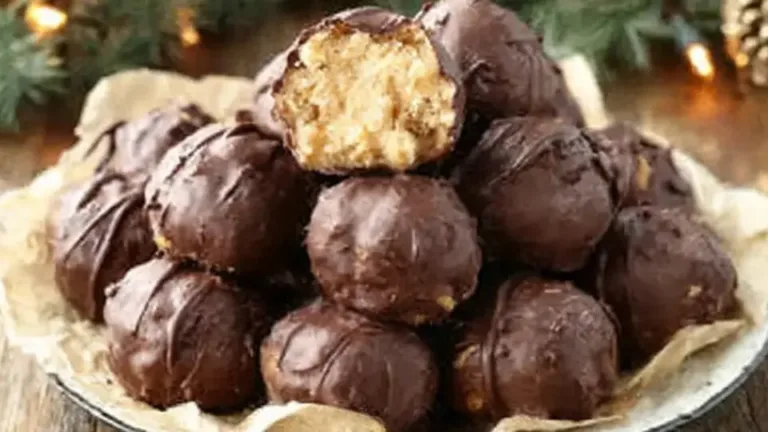No-bake Peanut Butter Rice Krispie Balls coated in chocolate, stacked on a plate, crunchy and sweet