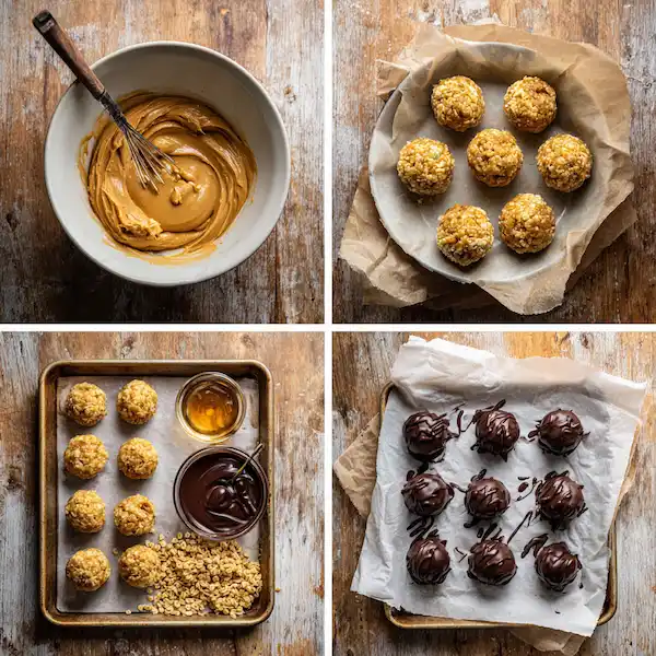 Step-by-step collage: mix peanut butter, honey, vanilla; add Rice Krispies; roll balls; chill; dip in chocolate