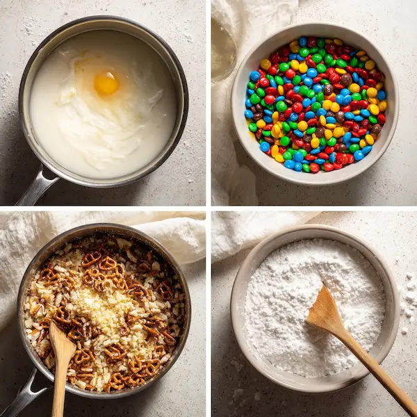 Close-up of melted marshmallows being mixed with crushed pretzels in a bowl for no-bake M&Ms bars