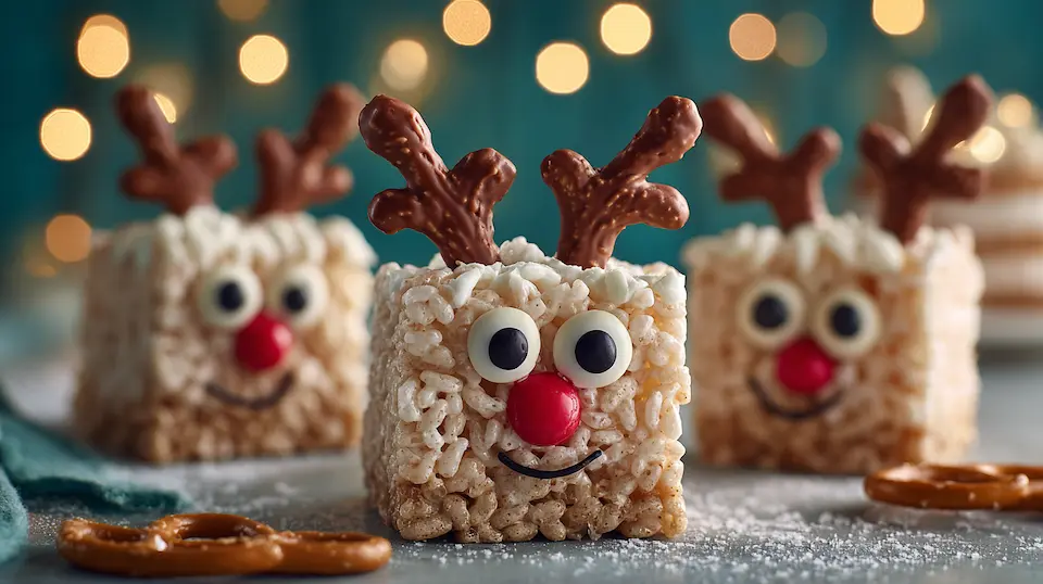 Reindeer Rice Krispie Treats with candy eyes, red candy nose, and pretzel antlers on a festive Christmas table