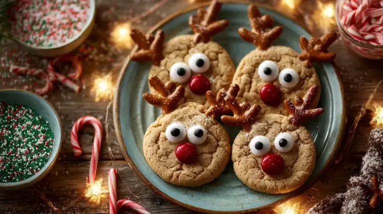 Cute Rudolph cookies with red noses and pretzel antlers on a holiday tray