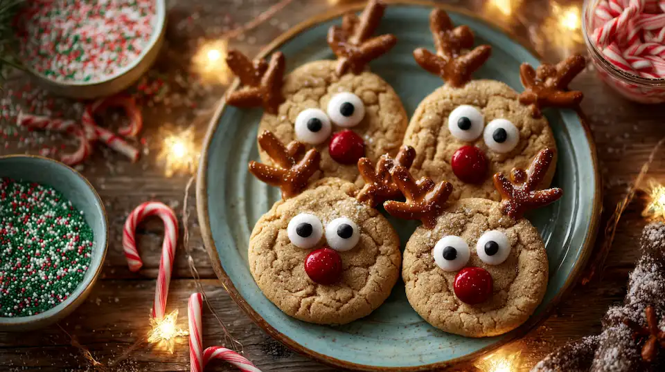 Cute Rudolph cookies with red noses and pretzel antlers on a holiday tray