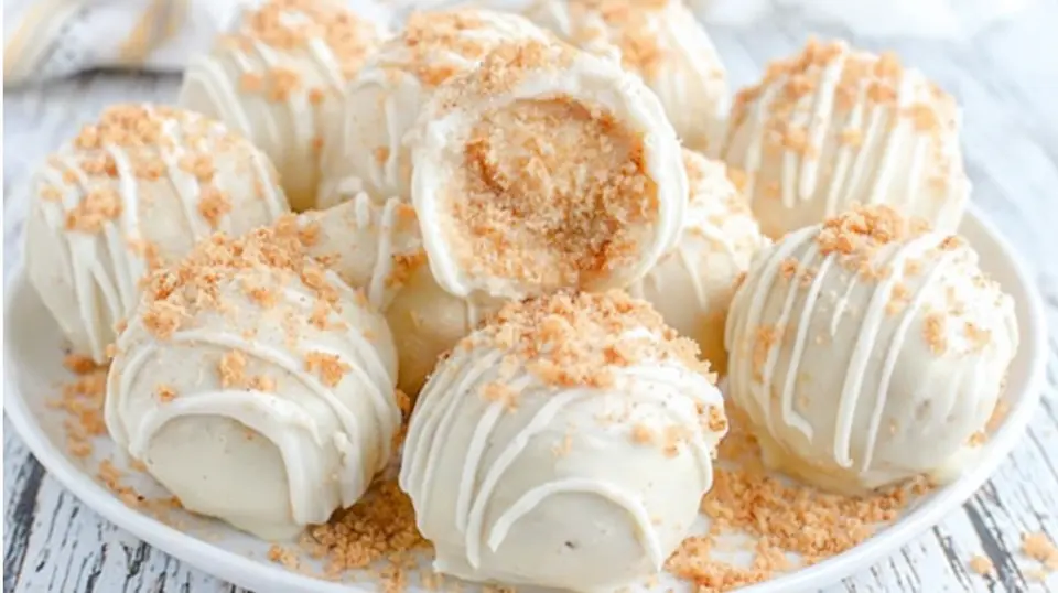 Snickerdoodle cookie dough truffles coated in white chocolate drizzle with cinnamon sugar