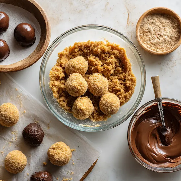 Close-up of holiday snickerdoodle cookie dough truffles, coated with white chocolate drizzle and sprinkled with cinnamon sugar, a no-bake dessert ideal for Christmas gatherings.