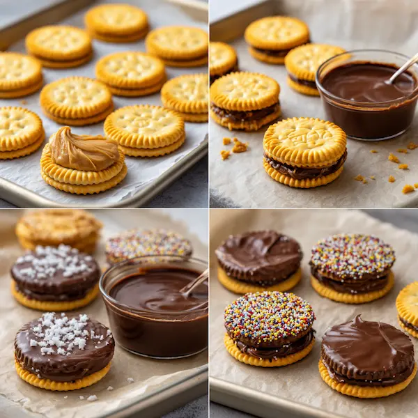 Step-by-step collage showing how to make no-bake Ritz Cracker Cookies with peanut butter and chocolate