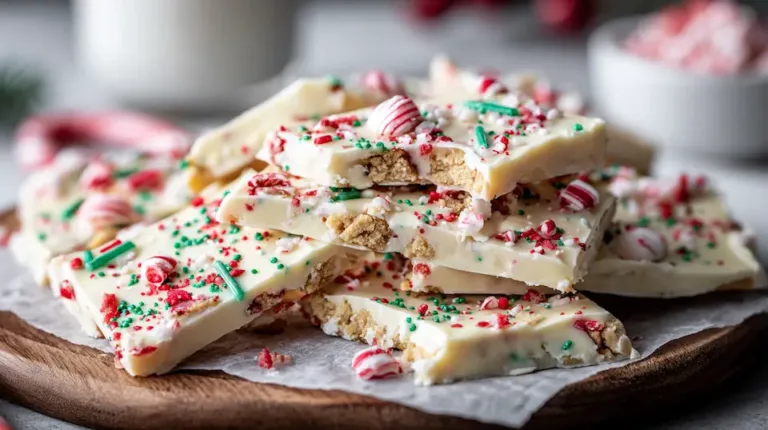 Festive Sugar Dough Cookie Bark with white chocolate, edible cookie dough, and holiday sprinkles.