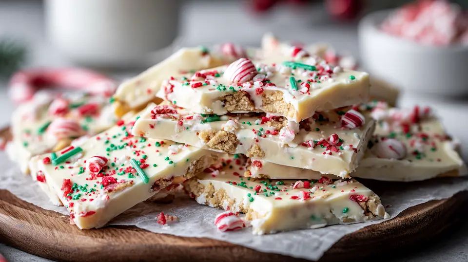 Festive Sugar Dough Cookie Bark with white chocolate, edible cookie dough, and holiday sprinkles.