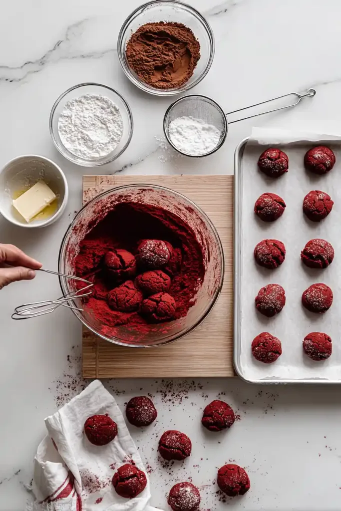 Hands mixing red velvet cookie dough in a glass bowl with cocoa and powdered sugar on a wooden countertop.