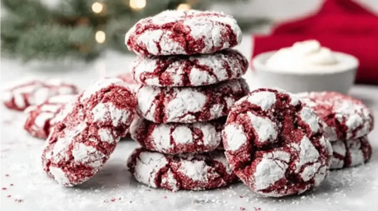 Festive red velvet crinkle cookies with powdered sugar cracks on a marble background, perfect for holiday baking.